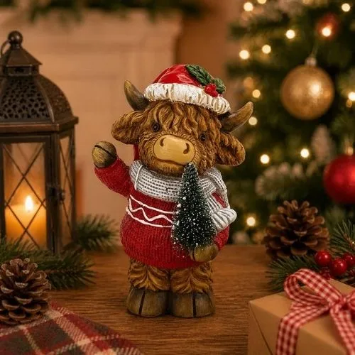 Vache Highland debout avec sapin