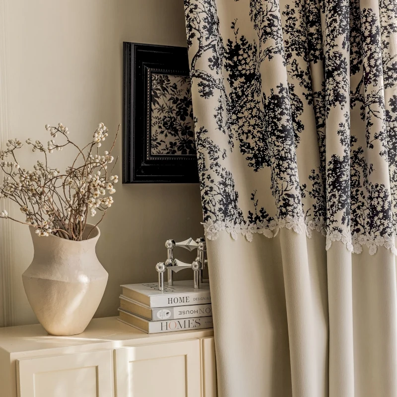 Rideau occultant motif nature noir beige