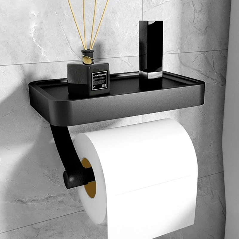 Toiletrolhouder Zwart Metaal met Plankje Wandmontage | Sansoti
