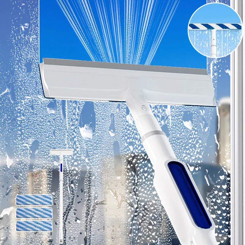Fensterreiniger mit Teleskopstange & Doppelabzieher | Streifenfreie Glasreinigung mit Sprühfunktion | Für Fenster & Spiegel
