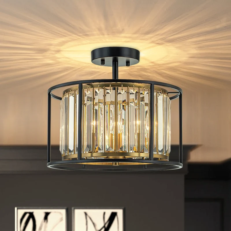 Minimalistische Semi-Plafondlamp met Kristallen Accenten 3-Lichtpunten Zwart-Gouden Afwerking Drumvormig Frame E12 Fitting | Sansoti