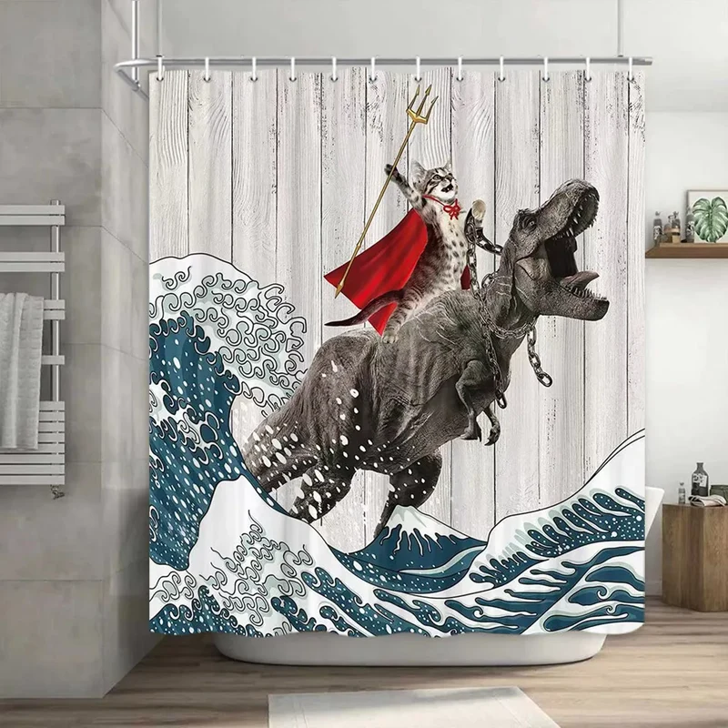 Cute Sea Cat Riding Shark Shower Curtain