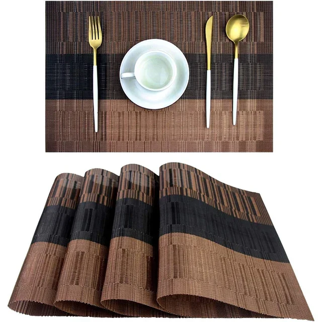 Placemats Set 4 Stuks PVC 30x45cm Bruin Zwart Hittebestendig Wasbaar Eettafel Tafelmat Geweven Antislip | Sansoti