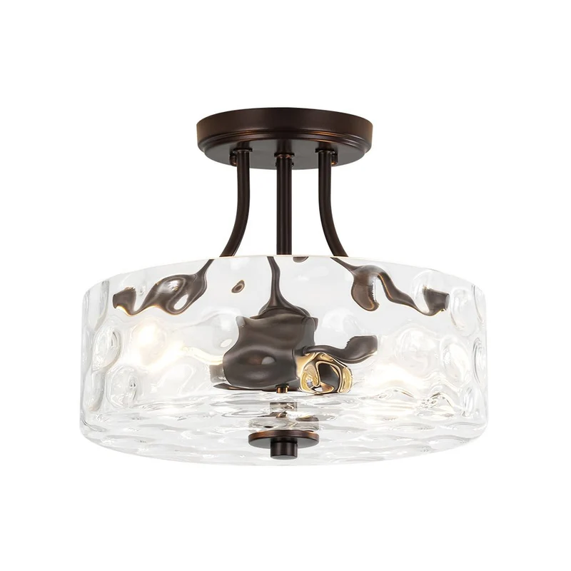 Glazen Plafondlamp Drum Messing 30cm 2 Lichts Gehamerd Glas Woonkamer Eetkamer Semi Flush Mount Badkamer Entree Hal Slaapkamer | Sansoti
