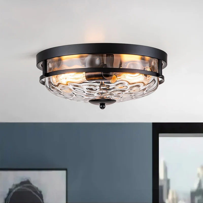 Glazen Plafondlamp Rond Zwart Goud Gehamerd Glas 33cm Woonkamer Slaapkamer Flush Mount Farmhouse Entree Eetkamer Badkamer | Sansoti