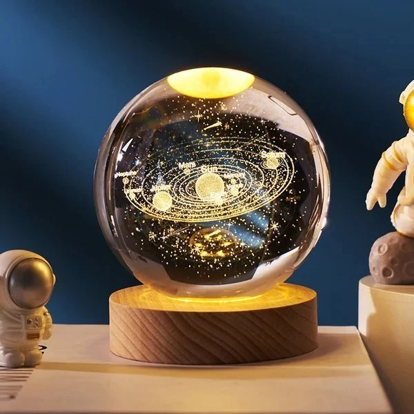 3D Kristallkugel Sonnensystem | Lasergravur | Optional mit LED-Lichtbasis & Geschenkbox