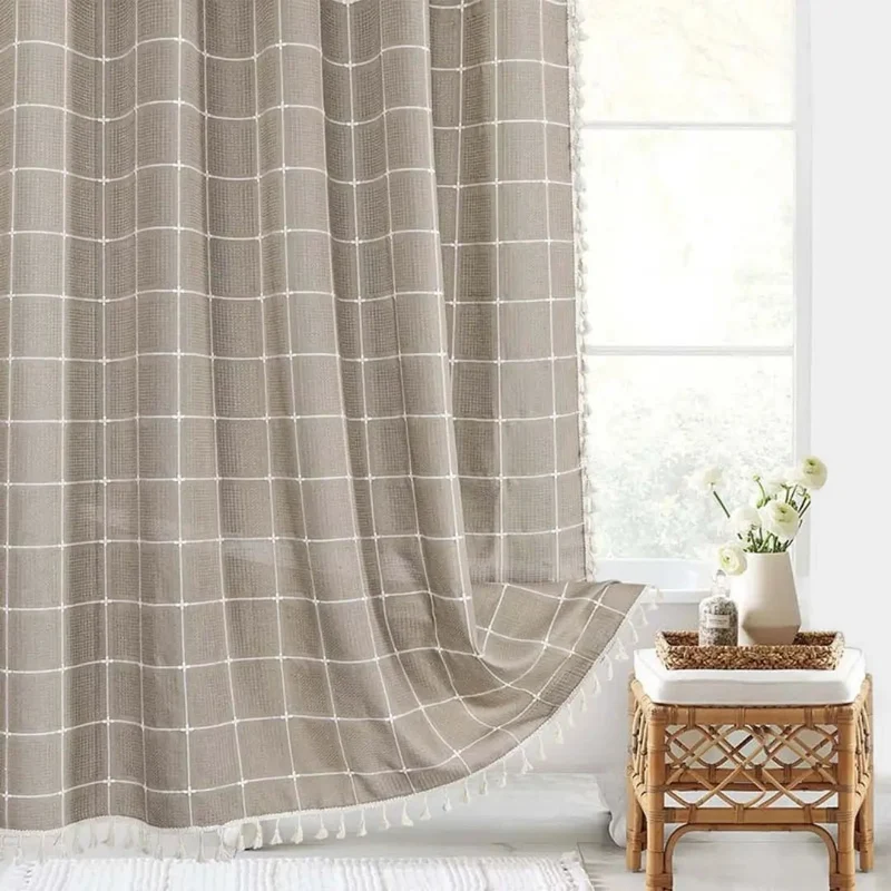 Linnen Douchegordijn met Kwastjes Waterdicht Jacquard Boho Stijl Badkamerdecoratie Modern Bohemian Design | Sansoti