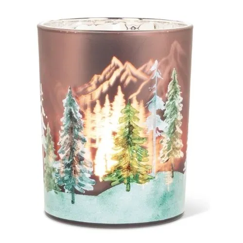 Porte-bougie en verre givré avec forêt enneigée