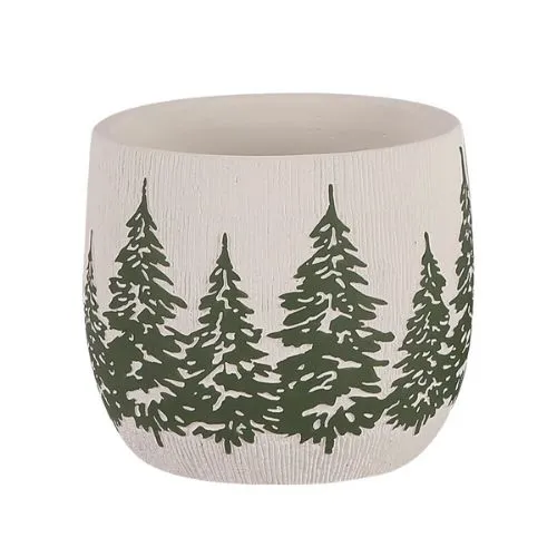 Jardinière en ciment blanc crème avec sapins verts en relief