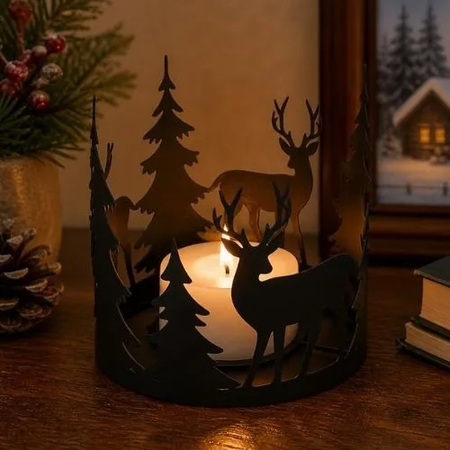 Porte-bougie décoratif avec cerfs et sapins