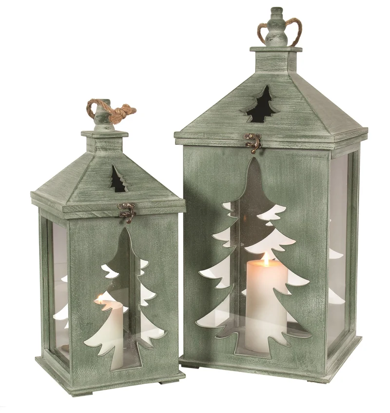 Lanterne décorative verte avec découpe sapin
