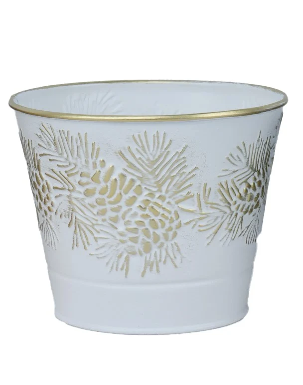 Pot en métal blanc avec motifs de cocottes dorées