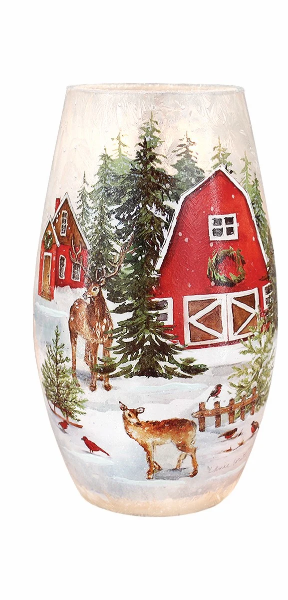 Vase illuminé de Noël Grange rouge, cerfs et oiseaux en forêt enneigée