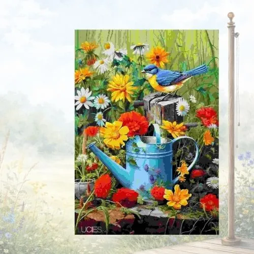 Drapeau décoratif "Merle bleu dans le jardin"