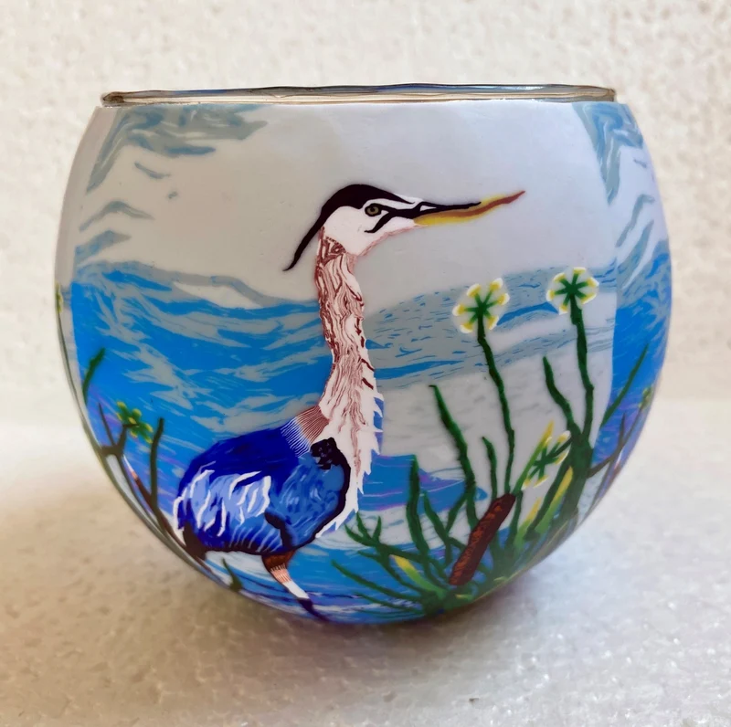 Porte-bougie décoratif en verre Grand Héron bleu