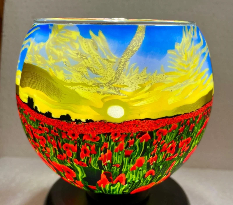 Porte-bougie décoratif en verre Soleil et coquelicots