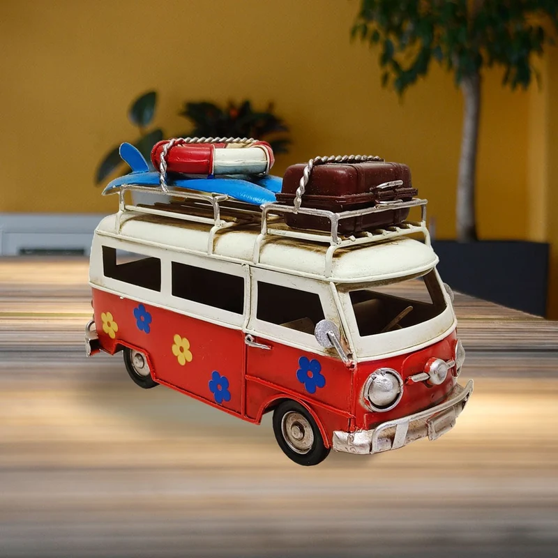 Bus de plage VW vintage estivale rouge en métal