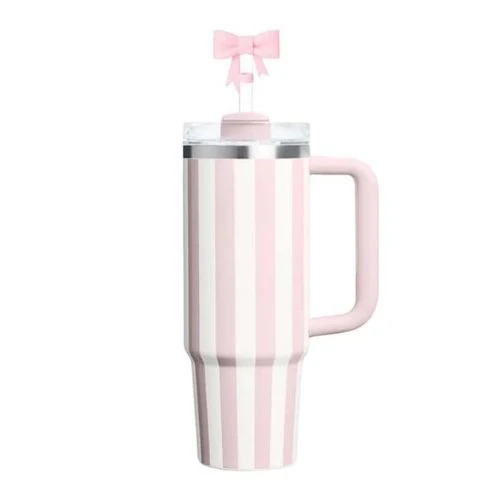 Tasse isotherme rayée rose avec paille - Chantal Lacroix