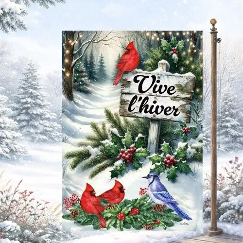 Drapeau décoratif "Vive l'hiver Les oiseaux festifs"