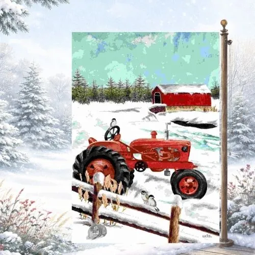 Drapeau décoratif "Pont couvert et tracteur"