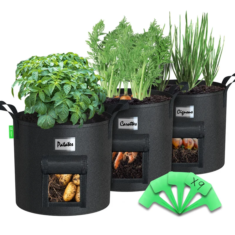 Lot de 3 sacs de plantation non tisse avec fenetre velcro et poignee 43L Noir