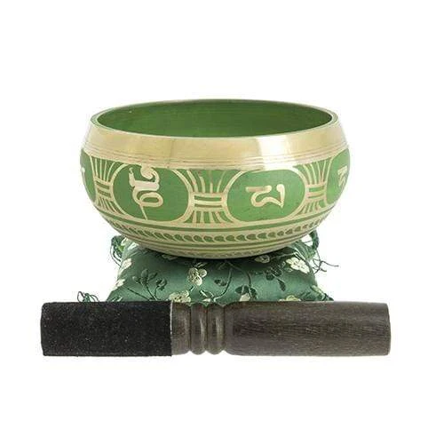 Bol tibétain avec symboles vert 13,5 cm