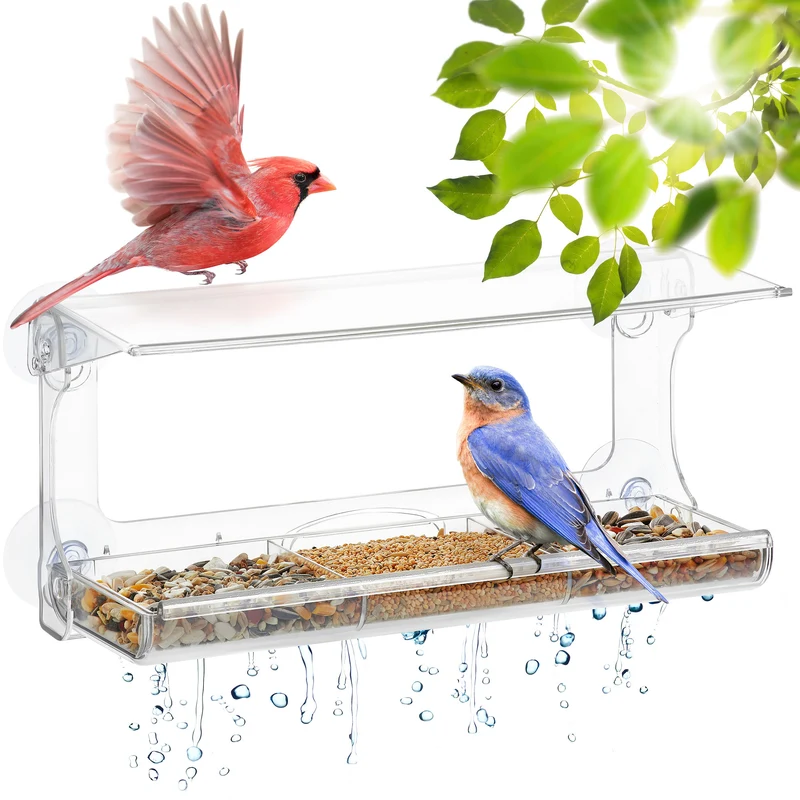 PALMAT XL Window Bird Feeder Extra Clear with Removable Feeding Tray (30cm long)
