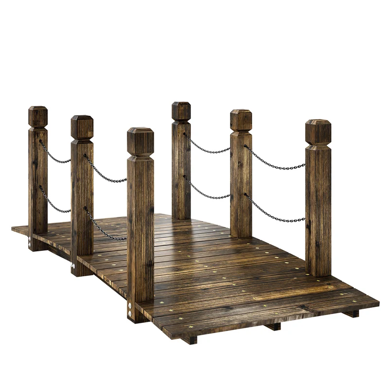 Outsunny Pont de jardin rustique en bois 1,51 m avec rampes carbonisées