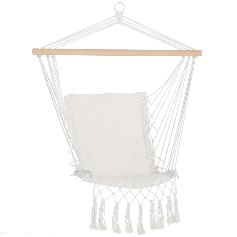 Outsunny Chaise Suspendue avec Pompons Charge 120 kg pour Intérieur et Extérieur Blanc