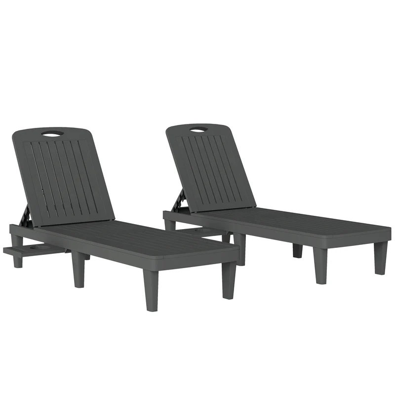 Outsunny Lot de 2 Chaises Longues de Jardin Extérieur Inclinables Plateau Latéral Gris