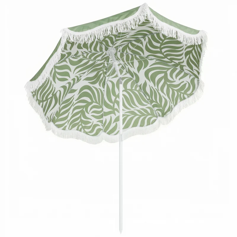 Outsunny Parasol de plage à franges Ø180 cm Hauteur réglable Inclinable Vert