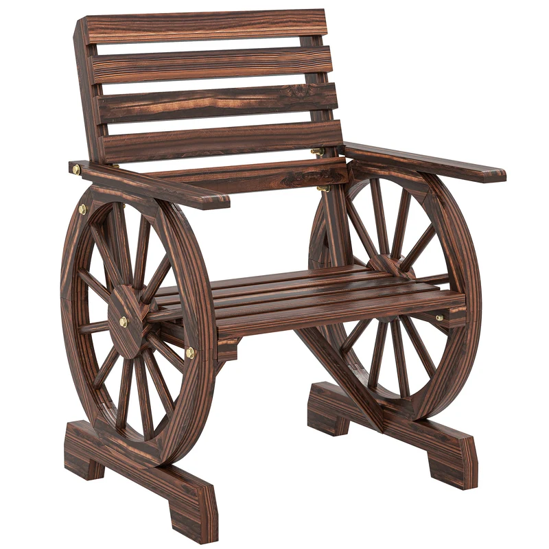 Outsunny Chaise de Jardin Extérieur en Bois Design Roue de Chariot Carbonisée
