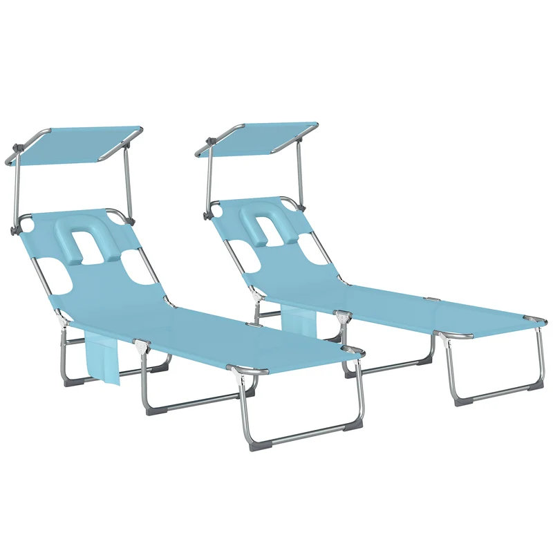 Outsunny Lot de 2 Chaises Longues Pliables Inclinables avec Auvent 360° et Trou Facial