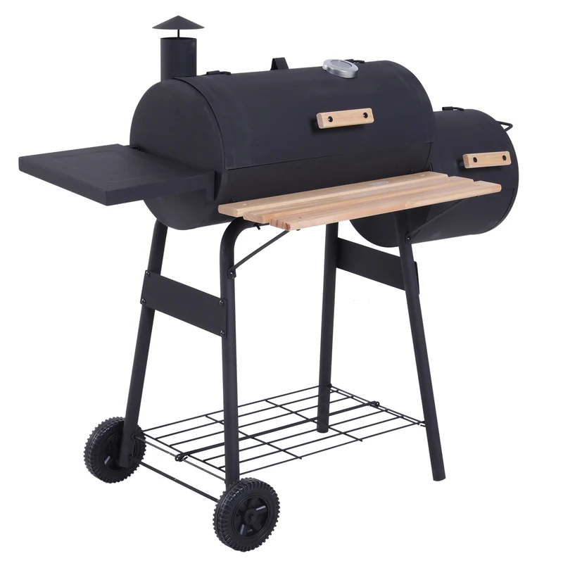 Outsunny Barbecue au charbon de bois avec thermomètre, roulettes, étagères en bois 124x53x108cm