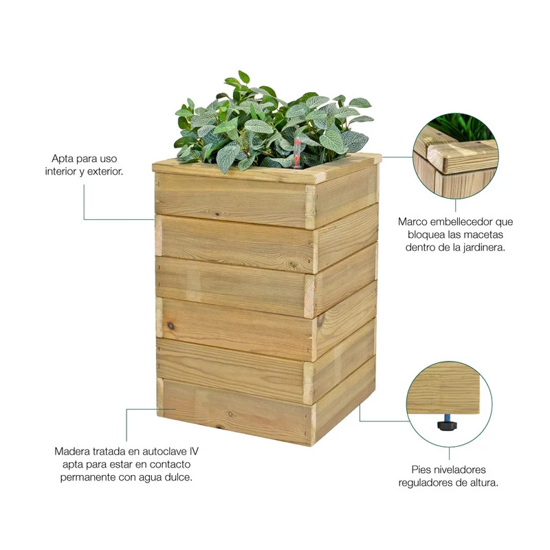 Jardinière bois Nidum Basic avec réserve d'eau, intérieur et extérieur, Hortalia 86x34x60 cm