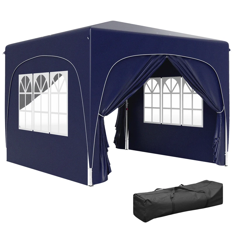 Outsunny Tonnelle Pliante 3x3 m avec Panneaux Latéraux UV50+ Bleu Foncé
