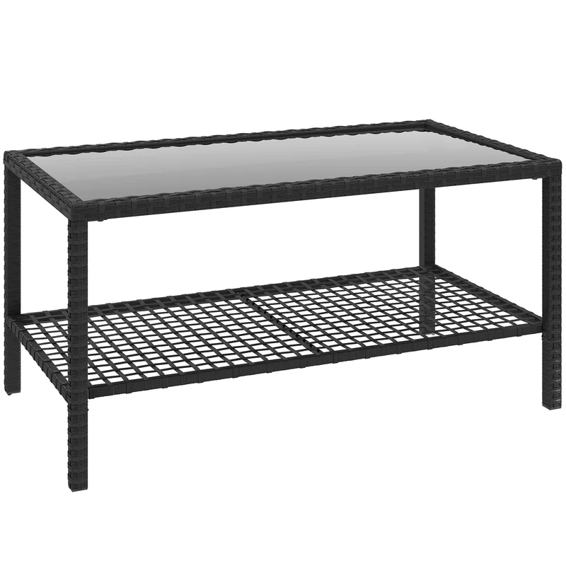 Outsunny Table de Jardin en Rotin avec Étagère Plateau en Verre Trempé Noir