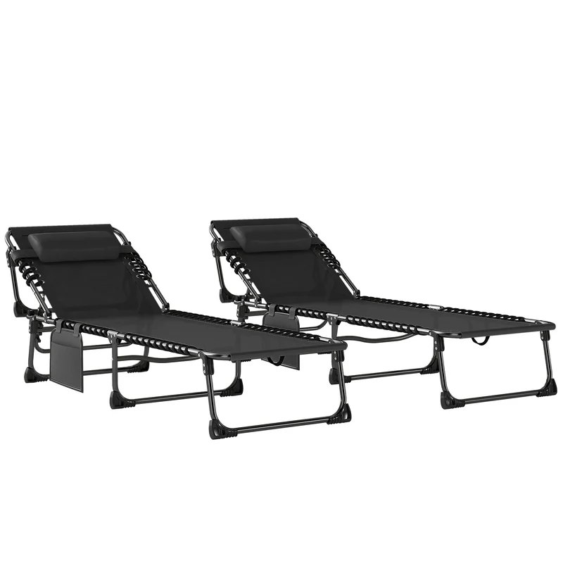Outsunny Lot de 2 chaises longues pliantes inclinables avec appuie-tête et poche