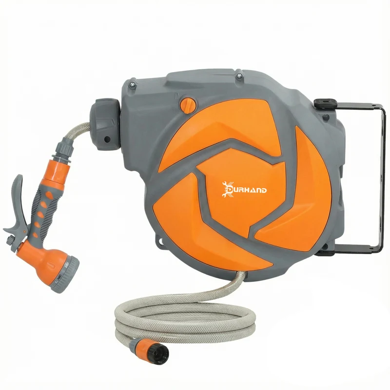 Durhand Dévidoir Mural pour Tuyau d'Arrosage 10+1 m Gris Foncé et Orange