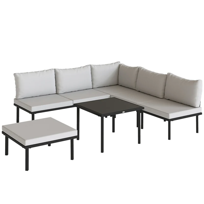 Outsunny Salon de Jardin 6 Pièces d'Angle Coussins Gris Clair
