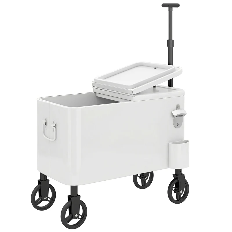 Outsunny Chariot Glacière 56 L avec Roues Poignée Réglable Ouvre-Bouteille Blanc