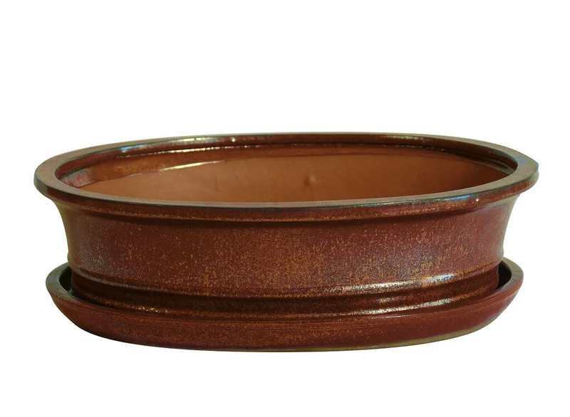 Terre cuite ovale rouge avec soucoupe 21x17x7cm