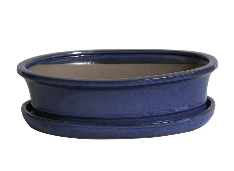 Pot ovale bleu avec soucoupe 31x25x8cm