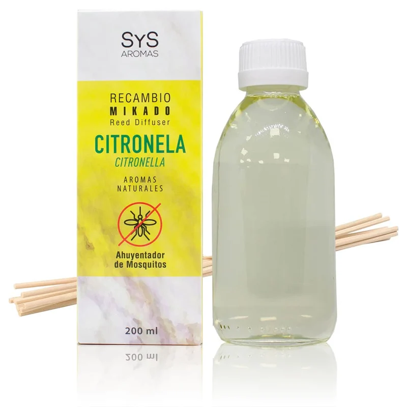 Recharge Mikado Citronnelle 200 ml avec Bâtonnets | Arôme Naturel Anti-Moustiques | Ambiance Fraîche et Durable | Sys Aromas