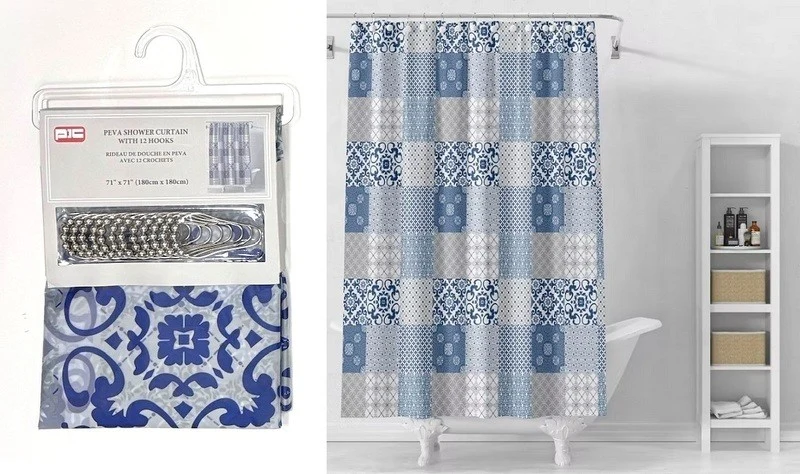 PIC rideau de douche en peva bleu avec crochets 70x72"