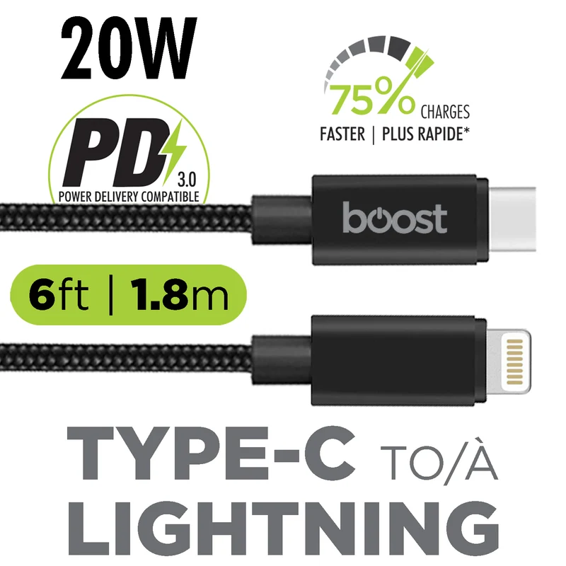 Boost cable tressé certifié Type-C à Lightning 6pi