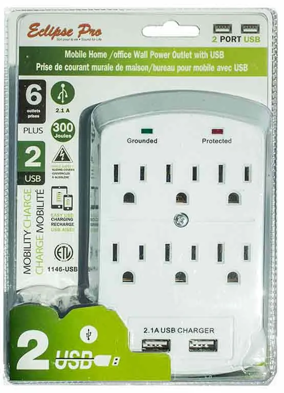Multiprise murale avec 6 prises et 2 ports USB
