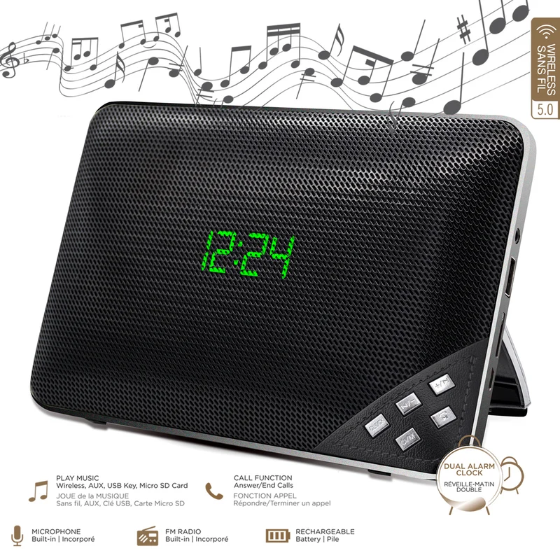 Escape haut-parleur sans fil stereo avec radio FM et réveil-matin double
