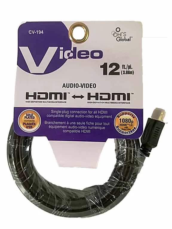 Câble audio vidéo HDMI avec contacts plaqués or, de 12 pi.
