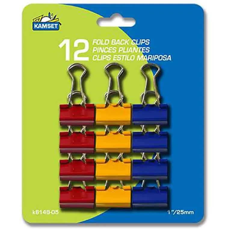 Paquet de 12 pinces à papier pliantes de couleur, 1 po.